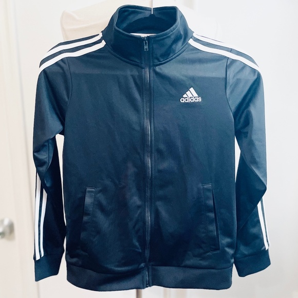 Boys Adidas Zip Up Track Jacket Size 10/12 Black Thee Stripes - Picture 1 of 4